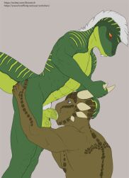 anthro anthro_on_anthro archshen argonian ass balls bethesda_softworks blue_eyes bodily_fluids butt_grab duo fellatio genitals hand_on_butt head_grab hi_res horn horn_grab humanoid_genitalia humanoid_penis kneeling lizard male male/male male_penetrated male_penetrating male_penetrating_male muscular muscular_male nude oral penetration penile penis pubes red_eyes reptile saliva saliva_on_balls saliva_on_penis saliva_string scalie sex shen_(archshen) standing the_elder_scrolls video_games yellow_sclera