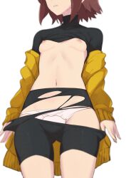 1girls bike_shorts breasts brown_hair eyes_out_of_frame linne morisobo nipples panties pants_down ripped_clothing shirt_lift short_hair shorts small_breasts solo torn_clothes under_night_in-birth