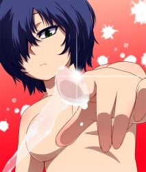 2012 black_hair breasts color convenient_censoring digital_media_(artwork) female foreshortening green_eyes hair_over_one_eye hayashi_custom lowres medium_breasts nazo_no_kanojo_x nipples nude outstretched_hand precum saliva solo urabe_mikoto