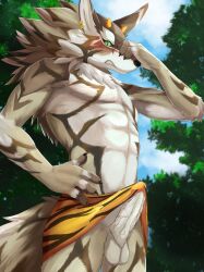 1boy abs anthro balls black_sclera blush bottomwear canid canine canis clothing embarrassed erection genitals green_eyes hi_res jackal lifewonders loincloth male male_only mammal nukomorigakari pecs penis seth_(tokyo_afterschool_summoners) setsubun small_waist solo tokyo_afterschool_summoners video_games