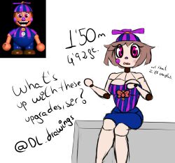 1girls artist_name bow breast_squeeze breast_squish breasts brown_hair cleavage clothed clothing crossed_legs desesperadoleon doll english_text five_nights_at_freddy's five_nights_at_freddy's_2 front_view hat height jj_(fnaf) number pink_eyes pupils scottgames short_hair sitting text twitter_username