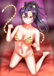 1girls bare_legs barefoot bikini covered_nipples female_only fir_(fire_emblem) fire_emblem fire_emblem:_the_binding_blade from_above hair_between_eyes kneeling looking_back match_earhart medium_breasts medium_hair nintendo on_bed ponytail purple_eyes purple_hair solo steam swimsuit tiger_girl tiger_print year_of_the_tiger yellow_bikini yellow_swimsuit