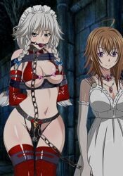 1girls arms_behind_back ball_gag big_breasts bondage bossbb41 breasts cleavage collar dress edit female female_only femsub gag gagged grayfia_lucifuge high_school_dxd milf mother official_art venelana_gremory