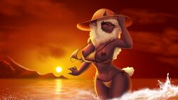 16:9 5_fingers absurd_res anthro beach big_breasts bikini black_body black_fur bovid breasts caprine clothed clothing curvy_figure female fingers fur hat headgear headwear hi_res horn looking_at_viewer mammal markings mole_(marking) mostly_nude mouthless orange_clothing orange_swimwear raychell sea seaside sheep solo summer sunset swimwear topless untied untied_bikini water were werecaprine weresheep widescreen wool_(fur) xalda_(future_ver.)