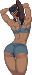 1girls 2d avatar_legends bend_or_break bra brown_hair butt clothing dark-skinned_female dark_skin female female_only fingerless_gloves game_cg korra long_hair muscular muscular_female nickelodeon ponytail shorts solo straight_hair sunsetriders7 the_avatar the_legend_of_korra water_tribe