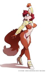 2022 anthro artbyyellowdog breasts canid canine clothed clothing dipstick_tail eyewear female fox fur furry furry_only glasses hair hi_res high_heels mammal markings nipples orange_body orange_fur panties red_hair simple_background smile solo square_glasses tail tail_markings underwear white_background white_body white_fur