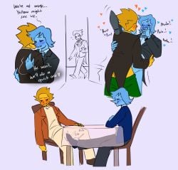 <3 2boys addison_(deltarune) addisons ambiguous_penetration blue_addison blue_hair blue_skin chair clothed dane.elle deltarune dialogue english_text eyes_closed formal formal_wear fully_clothed gay holding hug hugging leg_on_shoulder leg_up looking_pleasured male male/male moaning orange_addison panting pants_down rubbing rubbing_penis sex shoejob simple_background sitting smile source_request spamton_g_spamton stealth_sex table teasing tuxedo under_the_table undertale_(series) yaoi