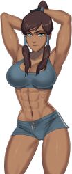 1girls 2d abs angry avatar_legends bend_or_break blue_eyes bra brown_hair clothed clothing dark-skinned_female dark_skin female female_only game_cg korra large_breasts looking_at_viewer muscular muscular_female nickelodeon ponytail shorts solo straight_hair sunsetriders7 the_avatar the_legend_of_korra water_tribe