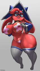 2d 3_fingers anthro big_breasts big_legs breasts clothing eyewear female fingerless_gloves fingers floppy_ears gloves hair handwear hat headgear headwear hi_res horn lagomorph legwear leporid lop_ears mammal moji_(paladins) paladins pasties rabbit red_body red_hair ruddyrzaq shortstack sleeves solo stockings