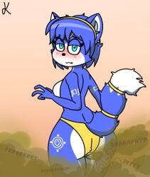 anthro ass blue_body blue_eyes blue_fur blush canid canine clothing embarrassed fart fart_cloud fart_fetish female fox fur hi_res klovs krystal looking_at_viewer mammal nintendo panties solo star_fox underwear video_games