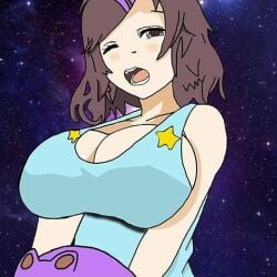 big_breasts bodice breasts brown_eyes brown_hair embarrassed looking_at_viewer nimu open_mouth simple_background smile twitch virtual_youtuber white_body white_skin wink youtube youtuber_girl