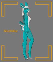 alicethedeer anthro blue_body blue_eyes blue_fur breasts cervid circles cute_eyes female fluffy fluffy_tail fully_shaded fur hi_res mammal nude pinup pose simple_background solo white_body white_fur