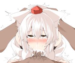 blowjob blushing clothed_female_nude_male cum_in_mouth deepthroat fellatio hands_on_head houkai_(collapse_illust) momiji_inubashiri oral oral_creampie pubic_hair tagme tears touhou white_background white_hair wolf_girl