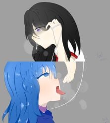 2girls barefoot black_hair blue_eyes blue_hair blue_topwear cartoony curly_hair cute cute_expression cute_eyes desperate feet female female_only horny horny_female leash looking_down looking_up multiple_girls purple_eyes red_tie saliva saliva_trail school_uniform schoolgirl spit spitting spitting_in_mouth spitting_on_face sweat tagme tie tongue tongue_out