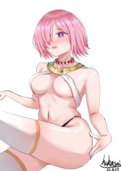 dancer fate/grand_order fate_(series) female heart heart-shaped_pupils mash_kyrielight one_eye_covered pink_hair purple_eyes short_hair simple_background symbol-shaped_pupils white_background yd's_slave_outfit