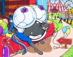 2019 air_tank amusement_ride anthro areola balloon big_breasts big_penis black_hair black_nose blue_body blue_fur bouncy_castle breast_expansion breasts detailed_background expansion felid flavia fur futanari genitals glistening glistening_body gloves_(marking) grey_body grey_fur gynomorph hair hi_res hose hose_inflation huge_breasts huge_cock hyper hyper_breasts hyper_genitalia hyper_penis inflatable intersex kitty123 leg_markings looking_at_viewer mammal markings nipples nude penis penis_inflation purple_areola purple_nipples smile socks_(marking) solo traditional_media_(artwork) white_body white_fur