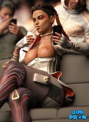 1girls 2boys 3d apex_legends blender breasts brown_eyes brown_hair casual casual_exposure casual_nudity clothed clothing daz3d daz_studio dimipron drinking female loba loba_(apex_legends) loba_andrade public_nudity red_hair sipping sitting soda solo solo_focus tagme tan-skinned_female voyeur