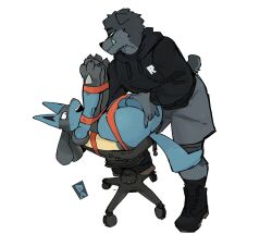 absurd_res anal anal_fingering anal_sex animal_genitalia anthro arms_tied balls biped black_body black_fur blue_body blush boots bottomwear bound canid canine canis chair clothing duo fingering footwear fur furniture genitals goon_(goonie_san) goonie-san grey_body grey_fur hi_res hoodie legs_tied lucario male male/male mammal nintendo penetration pokemon pokemon_(species) restrained sheath shorts spikes spikes_(anatomy) topwear video_games yaoi