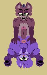 anal_wink animated anthro anus ass balls big_butt big_penis duo flexible genitals hyaenid legs_behind_head legs_up mala_(malafox) malafox male male/male mammal multiple_boys penis procyonid purple_body raccoon simple_background smile spots spotted_body tongue tongue_out