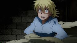 2006 animated animated_gif anime_screencap blonde_hair blue_eyes breasts clothes_lift female female_vampire hellsing hellsing_ultimate lowres madhouse_(studio) midriff ova pajamas screencap screenshot seras_victoria shirt_lift underboob vampire vampire_girl