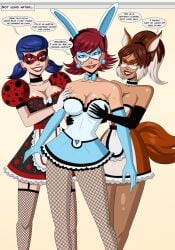 2d 2d_(artwork) 3girls alix_kubdel alya_cesaire apron big_breasts blue_eyes blue_hair brainwashing brown_hair bunny_ears bunnyx_(character) cleavage collarbone comic dialogue domino_mask earrings eye_mask female female_only femsub fishnet_stockings fishnets fox_ears future_alix_kubdel gloves groping happy_trance heart hypnosis ladybug_(character) large_breasts lips lipstick maid maid_outfit makeup marinette_dupain-cheng mind_control miraculous:_tales_of_ladybug_and_cat_noir miraculous_ladybug multiple_girls multiple_subs opera_gloves polmanning post_transformation red_hair rena_rouge short_hair slave smile speech_bubble stockings text transformation twintails wide_hips yuri