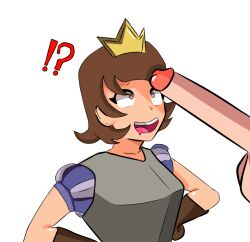 !? 1boy 1girls big_penis brown_eyes brown_hair clash_(series) clash_royale clothed clothed_female clothing crast crown drool drooling fully_clothed fully_clothed_female heart-shaped_pupils huge_cock huge_penis looking_at_penis mouth_open penis penis_awe presenting_penis princess_(clash_royale) supercell tagme