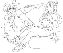 2girls barefoot bb_(baalbuddy) bea_(pokemon) foot_fetish foot_focus foot_tease gym_clothes monochrome nessa_(pokemon) open_toe_shoes pokemon pokemon_ss sandals suggestive_look suggestive_posing swimwear