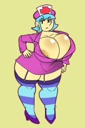 1girls areola_slip big_breasts blue_hair cleavage female female_only miriam_(wandersong) mrxharlequinn nurse_outfit pointy_nose short_hair striped_legwear striped_stockings thick_thighs voluptuous wandersong