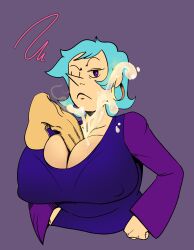 1boy 1boy1girl 1girls big_breasts blue_hair cleavage clothed clothed_sex cum cum_between_breasts disembodied_penis earrings female male male/female miriam_(wandersong) mrxharlequinn nipple_bulge paizuri penis pointy_nose purple_eyes short_hair titfuck titjob wandersong witch