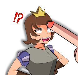 !? 1boy 1girls big_penis brown_eyes brown_hair clash_(series) clash_royale clothed clothed_female clothing crast crown drool drooling fully_clothed fully_clothed_female heart-shaped_pupils huge_cock huge_penis looking_at_penis mouth_open penis penis_awe presenting_penis princess_(clash_royale) supercell tagme