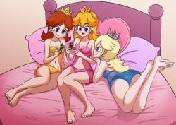 3girls ass barefoot bed bed_sheet bedroom blonde_female blonde_hair blue_bra blue_eyes blue_panties blue_underwear blush bra breasts brown_hair clothing crown earrings eyebrows_visible_through_hair eyelashes feet female female_only figure fufan headwear high_resolution jewelry laying_on_bed legs luigi mario mario_(series) mostly_nude multiple_girls nail_polish negligee nightgown nintendo on_bed orange_bra orange_underwear pantsu pillow pink_bed_sheet pink_bra pink_nails pink_panties playing princess_daisy princess_peach princess_rosalina sleepover sleepwear smile super_mario_bros. toenail_polish toenails toes toy underwear very_high_resolution wholesome yellow_panties