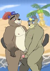 2021 animal_crossing anthro balls beach beaver belly black_nose blue_eyes blush c.j._(animal_crossing) chip_(animal_crossing) clothing duo erection father father_and_child father_and_son gay genitals handjob hat headgear headwear hi_res hickeybickeyboo humanoid_genitalia humanoid_hands humanoid_penis incest male male/male mammal masturbation mature_male moobs nintendo nipples overweight overweight_male parent parent_and_child penile penis rodent seaside sex son video_games water yaoi