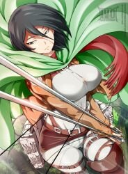 1girls attack_on_titan bayeuxman big_breasts black_eyes black_hair breasts brown_jacket cape closed_mouth dual_wielding female female_only fully_clothed green_cape highres holding holding_sword holding_weapon huge_breasts jacket large_breasts mikasa_ackerman photoshop_(medium) red_scarf scarf shingeki_no_kyojin short_hair solo sword three-dimensional_maneuver_gear weapon