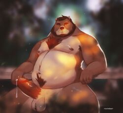 2022 absurd_res anthro balls belly bodily_fluids erection facial_piercing genital_fluids genitals hi_res humanoid_genitalia humanoid_hands humanoid_penis male mammal moobs nipples nose_piercing nose_ring overweight overweight_male penis piercing precum rovindeer sitting solo ursid