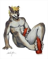 4_toes absurd_res anthro blonde_hair canid canine canis claws feet gay green_eyes hair hi_res knot luoluokun517 male male_foot_fetish mammal masturbation paw_job pawpads solo toe_claws toes wolf