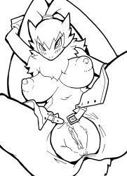 absurd_res anthro anus areola bandai_namco big_breasts black_and_white blush bottomwear breasts chest_tuft clothed clothing digimon digimon_(species) digimon_ghost_game female fluffy genitals hi_res huge_breasts kori-nio lagomorph leporid long_ears looking_at_viewer mammal monochrome navel nipples open_bottomwear open_clothing open_pants pants partially_clothed presenting pussy rabbit solo symbareangoramon topless tuft