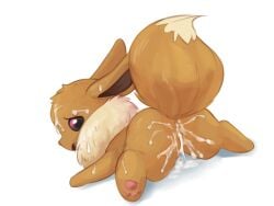 2021 after_sex ass bodily_fluids brown_body brown_fur cum cum_drip cum_from_ass cum_from_pussy cum_in_ass cum_in_pussy cum_inside cum_on_butt cum_on_face dripping eevee female feral fur genital_fluids looking_back lying mammal nintendo nude on_front pokémon_(species) pokemon pokemon_(species) pokemon_only raised_tail simple_background solo video_games vistamage white_background