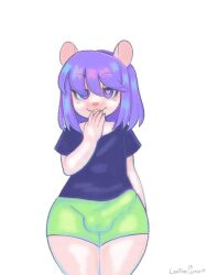 <3_eyes anthro big_penis bottomwear bulge clothed clothing cricetid donnie_(yoko_arika) femboy genitals girly hair hamster hand_behind_back heart lenthelemon male mammal penis purple_hair raised_arm rodent shorts smile smug solo