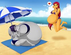 2girls beach belly big_belly big_breasts bikini blue_bikini blue_swimsuit breasts cleavage dat_ass dc_comics female grey_skin heart huge_belly hyper_pregnancy koriand'r large_breasts massive_breasts ocean orange_skin outside pregnant purple_bikini purple_swimsuit rachel_roth raven_(dc) red_hair saburox starfire swimsuit teen_titans