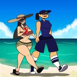 2girls beach big_ass big_breasts black_eyes black_hair blue-tinted_eyewear brown-tinted_eyewear brown_lipstick clear_sky cleavage clothed clothing clouds eva_(tdi) female female_only hat heather_(tdi) holding_cup holding_hands muscular_female ocean rustysh4ckl3ford sand sea smiling sunglasses thick_ass thick_thighs tinted_eyewear total_drama_island underboob walking yellow_eyes yellow_lipstick yuri