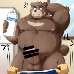 2022 anthro appliance armpit_hair balls band-aid bandage belly black_nose blush body_hair brown_body censored erection fridge genitals hi_res humanoid_genitalia humanoid_hands humanoid_penis inside kemono kitchen_appliance male male_focus mammal milk mohumohudansi moobs nipples overweight overweight_male penis solo_focus surprise ursid