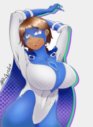 1girls abs alternate_version_available big_breasts blue_eyes breasts brown_hair cape chaoticcypher clothed dark-skinned_female dark_skin eye_contact female female_only fully_clothed large_breasts looking_at_viewer mask original_character seaworthy short_hair smile smiling smiling_at_viewer solo solo_female superhero superheroine tagme thighs voluptuous white_background