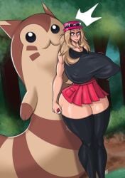 alternate_breast_size aomokoka breasts_bigger_than_head furret gigantic_breasts hyper_breasts nipple_bulge pokémon_(species) pokemon pokemon_xy serena_(pokemon) thick_thighs