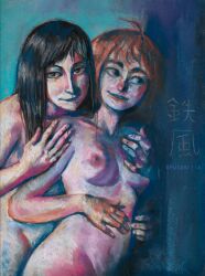 2girls artist_name behind_another black_hair breasts brown_hair female female_only hands_on_another's_chest holding human ishido_natsuo japanese_text light-skinned_female long_hair looking_at_viewer looking_away mawatori_yuzuko multiple_girls nipples nude nude_female painting painting_(artwork) pastel pulporila short_hair teppuu yuri