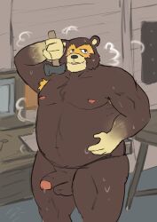 2021 animal_crossing anthro balls belly blush bodily_fluids brown_body detailed_background genitals hammer hi_res hickeybickeyboo humanoid_genitalia humanoid_hands humanoid_penis ike_(animal_crossing) inside male mammal moobs nintendo nipples overweight overweight_male penis solo sweat tools ursid video_games