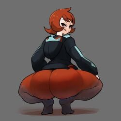 1girls arezu_(pokemon) ass ass_focus big_ass broly_culo bubble_butt butt_crack clothing female gipehtyboon licking_lips looking_back meme nintendo pokemon pokemon_legends:_arceus red_hair short_hair smile solo solo_female squatting tagme tomboy yboon