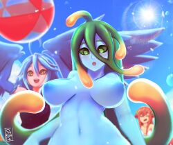 3girls beach_ball blue_nipples blue_skin blushing breasts green_eyes green_hair harpy miia_(monster_musume) monster_girl monster_musume_no_iru_nichijou multiple_girls nipples papi_(monster_musume) slime_girl sukendo suu_(monster_musume) tentacle topless watermark