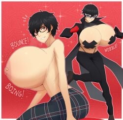 1boy akira_kurusu alternate_version_available black_hair blonde_hair boing bounce breast_expansion breast_implants breasts busty busty_boy casual clothing dark_hair eyewear female femboy glasses gloves heels huge_breasts human hyper_breasts implants implied_breast_expansion jacket joker_(persona) light_skin looking_at_viewer male_with_breasts mask nipple_piercing nipple_tape octoboy pale_skin persona persona_5 phantom_thief_suit pierced_nipples piercings plaid ren_amamiya rule_63 shirtless solo_male sound_effects taped_nipples thong thong_straps topless