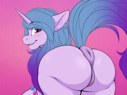 anus ass big_butt blue_bender blue_hair equid equine female feral genitals hair hasbro hi_res horn izzy_moonbow_(mlp) looking_at_viewer looking_back looking_back_at_viewer mammal mlp_g5 my_little_pony pink_background puffy_anus pussy simple_background solo unicorn