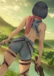 1girls 2022 araneesama artist_signature asian ass ass_focus attack_on_titan back_view black_eyes black_hair butt cutesexyrobutts_(style) dat_ass detailed_background facing_away female female_only fully_clothed harness hi_res hips holding_object large_ass medium_hair mikasa_ackerman outdoors petite png posing_with_weapon scarf shingeki_no_kyojin short_hair short_shorts shorts skindentation slim_waist solo sword thick_thighs thigh_strap thighs very_high_resolution weapon wide_hips